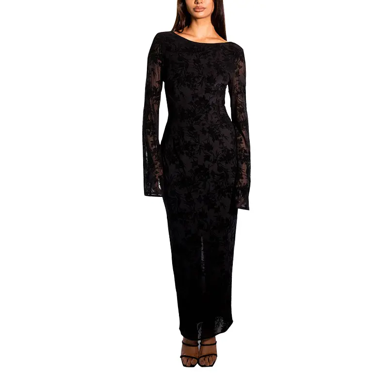 SS230732 Low Scopped back buttery long Sleeve Flocked viscose Velvet Mix Dress