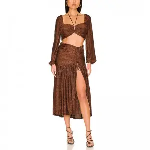 744  Vicose/Metal Knit High Split Crink Skirt Dress