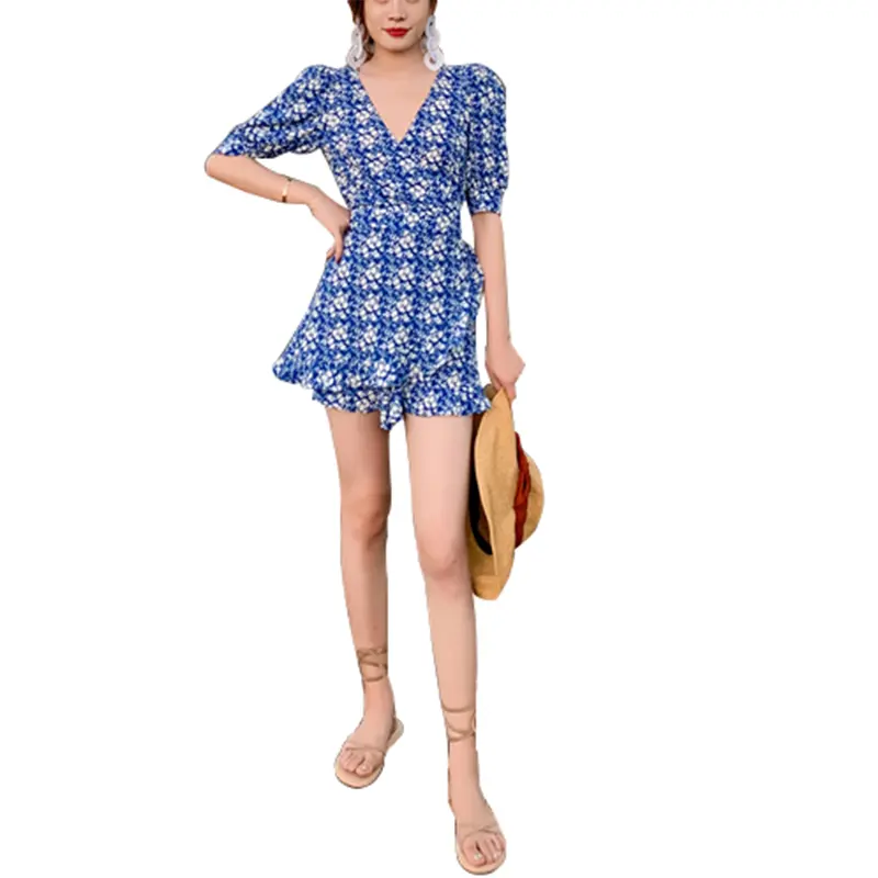 SS23112 Viscose digital Pirnted V neck Shorts Playsuit Jumper  (1)