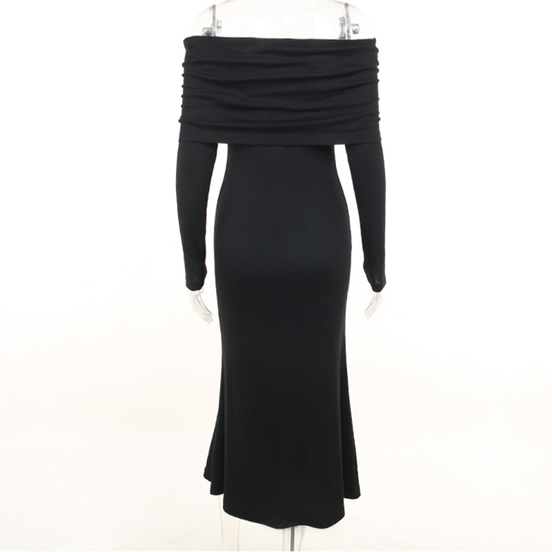 SS2333 Tencel Blend Off Shoulder Straight Neck Mid Dress (3)