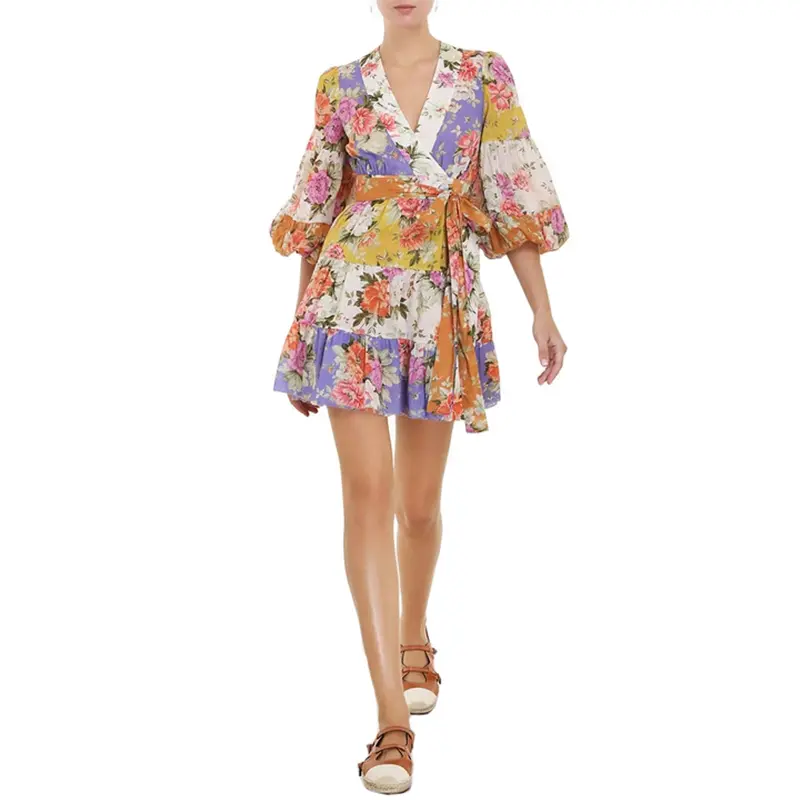 SS2365 Cotton Voile Digital Printed Mid L anternSleeve Wrap Tied mini dress (5)