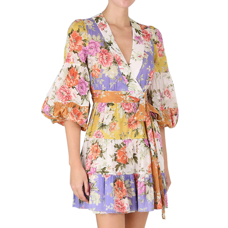 SS2365 Cotton Voile Digital Printed Mid L anternSleeve Wrap Tied mini dress