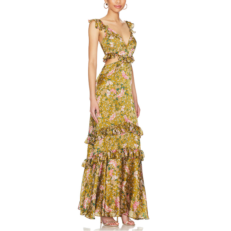 SS2381 Viscose Digital Printed Deep Neck Cut Out Waist Frill Long Dress (5)