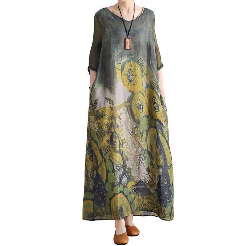SS2378 Silk Cotton Placement Digital Printed mid Sleeve V neck Loose long Dress