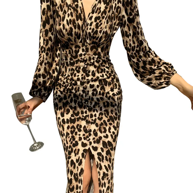 SS2312 Rayon V neck Wrap Skinny High Split Long Sleeve Leopard Digital midi dress