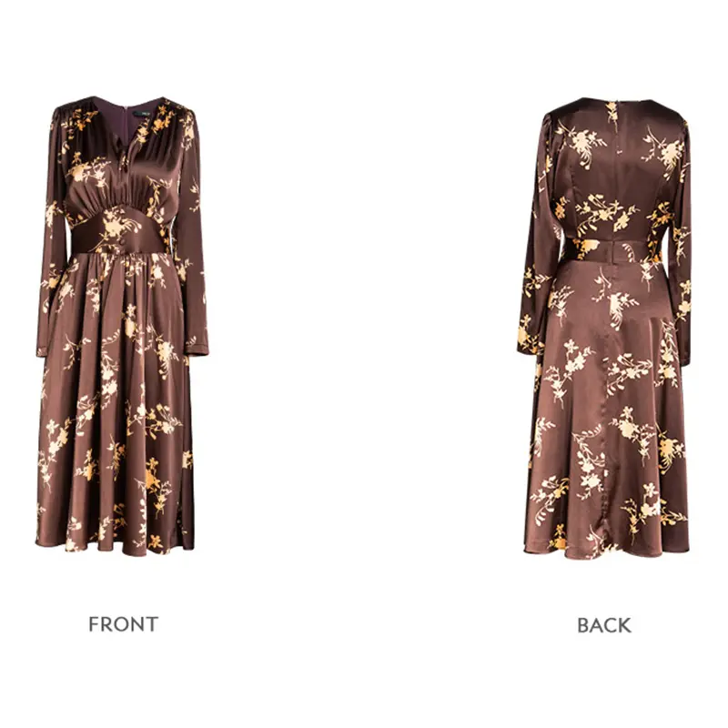SS2350 Satin Silk Digital Printed Long Sleeve Mid Dress