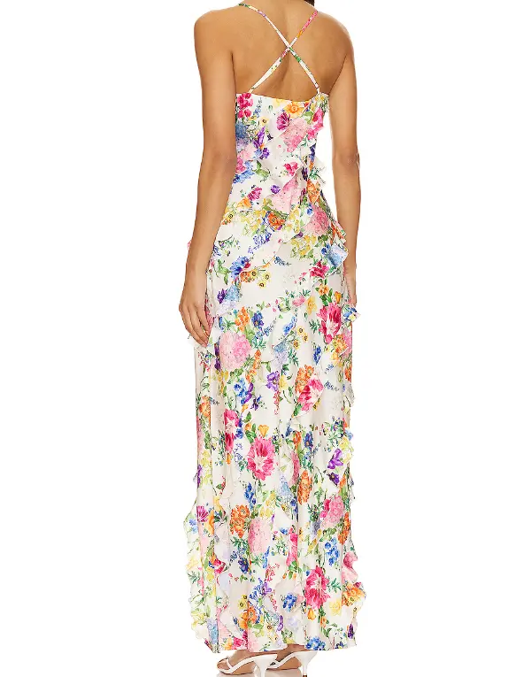 761 Poly Charmeuse fabric with ruffled trims dress