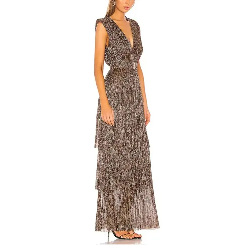 SS230718 Sliver Gold Multicolored Please mesh drop V neck Adjusted Neck tied Long dress