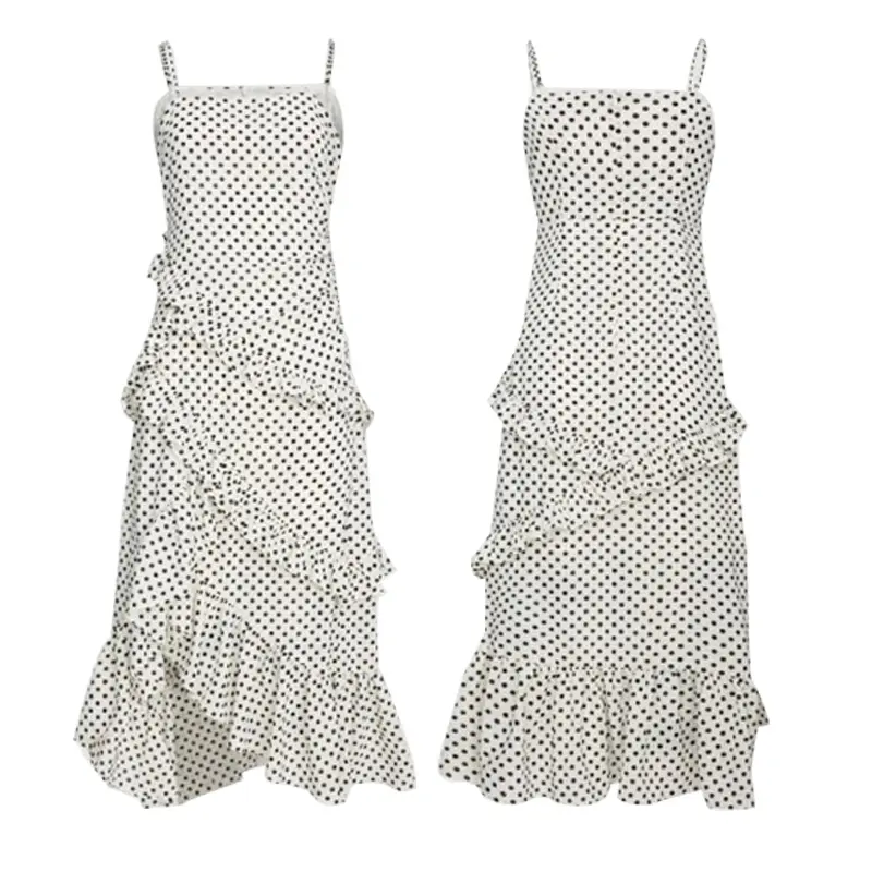 SS2387 Viscose/Cotton Dot Printed Suspender Slip Dress Shoulder off Frill Long Dress