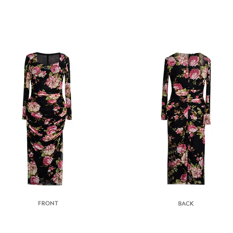 SS2348 Mesh Digital Printed Squared Neck long Sleeve Long Dress