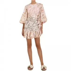 SS2367 Cotton Linen Digital Printed Cut Out Frill Mini Dress