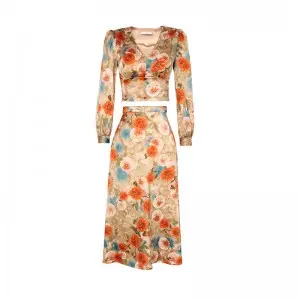 SS2310 Satin Silk Digital Printed V neck Long sleeve Crop Top Blouse Slim straight Skirts