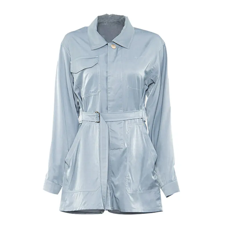 SS23113 Tencel Cotton Wash Blue Shirt Neck long sleeve shorts below Playsuit Jumper
