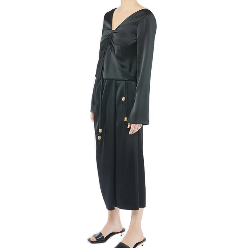 SS2329 Cupro Black V neck tied Crop top and Wrap tied skirts
