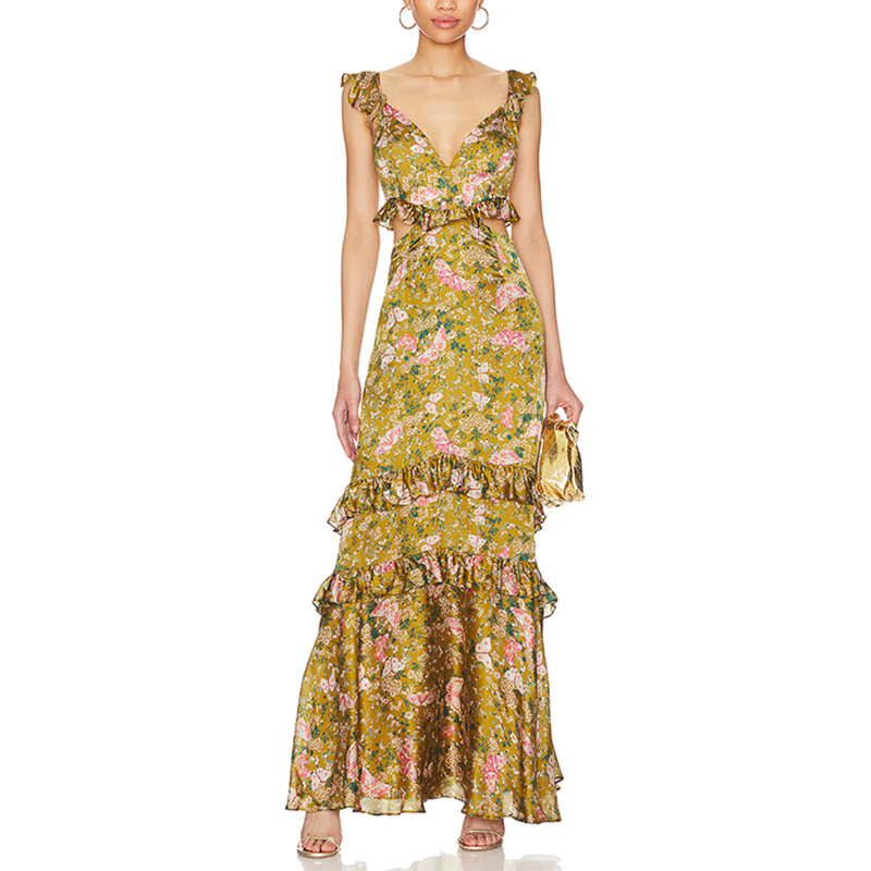SS2381 Viscose Digital Printed Deep Neck Cut Out Waist Frill Long Dress (3)