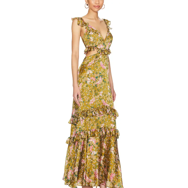 SS2381 Viscose Digital Printed Deep Neck Cut Out Waist Frill Long Dress