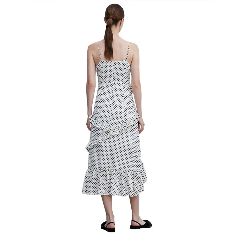 SS2387 Viscose/Cotton Dot Printed Suspender Slip Dress Shoulder off Frill Long Dress