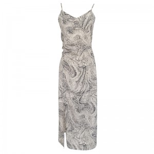 Cotton stretch digital print slip suspenders v neck midi dress