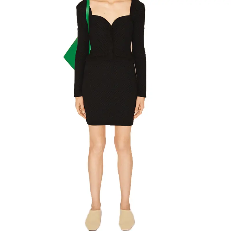 SS2325  Cotton Blend Serge V neck Long Sleeve  Mid Dress (2)