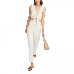 SS2375 Linen Cotton Tied Top Vest and Loose Straight Pants Mid waistband
