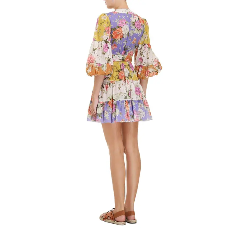 SS2365 Cotton Voile Digital Printed Mid L anternSleeve Wrap Tied mini dress