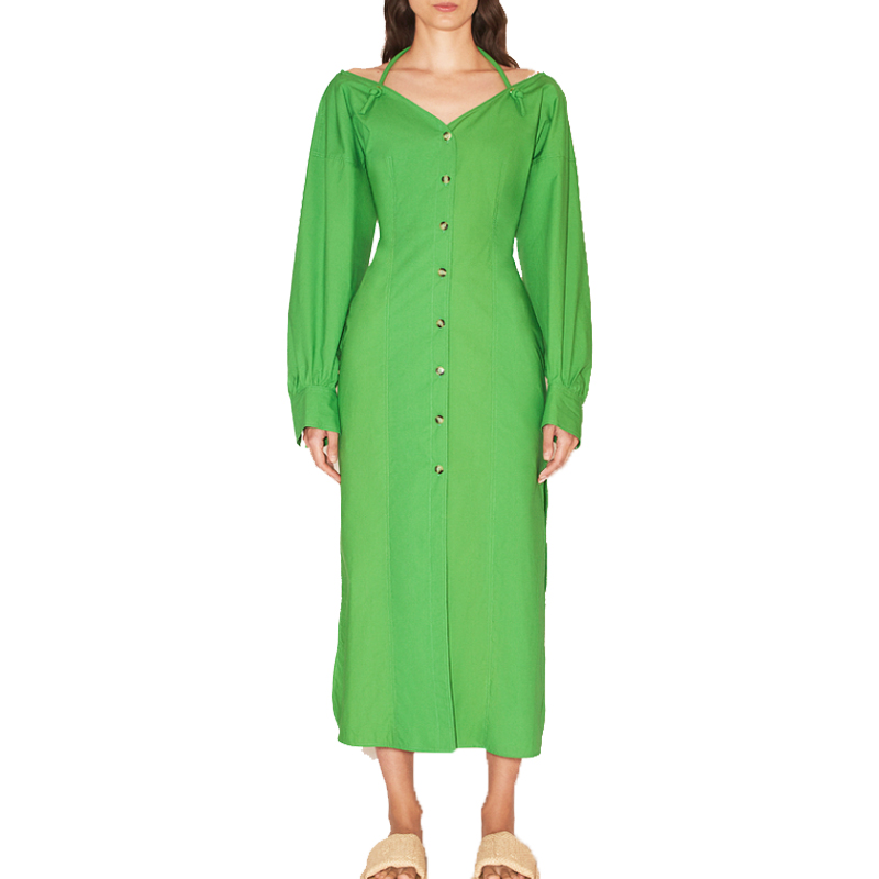 SS2330 Cotton Linen Tied Neck off Shoulder Long Sleeve Button Up Straight Long Dress (2)