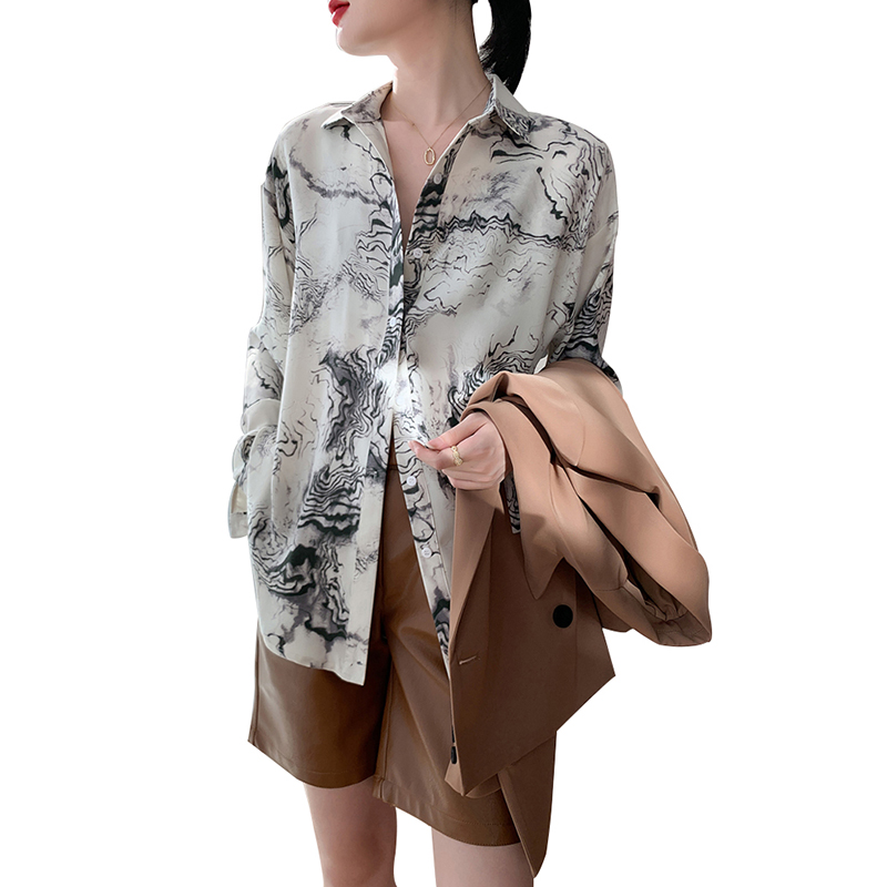 SS2305 Satin Silk ink digital print long sleeve womens blouse shirts (2)