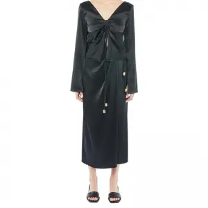 SS2329 Cupro Black V neck tied Crop top and Wrap tied skirts