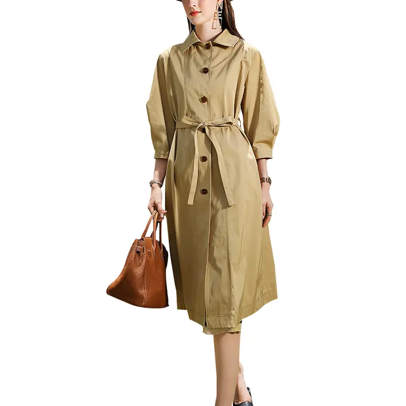SS23102 Wash Cotton Plain Button up Mid sleeve Back Vent  Tied waist belt Long Coat Jacket