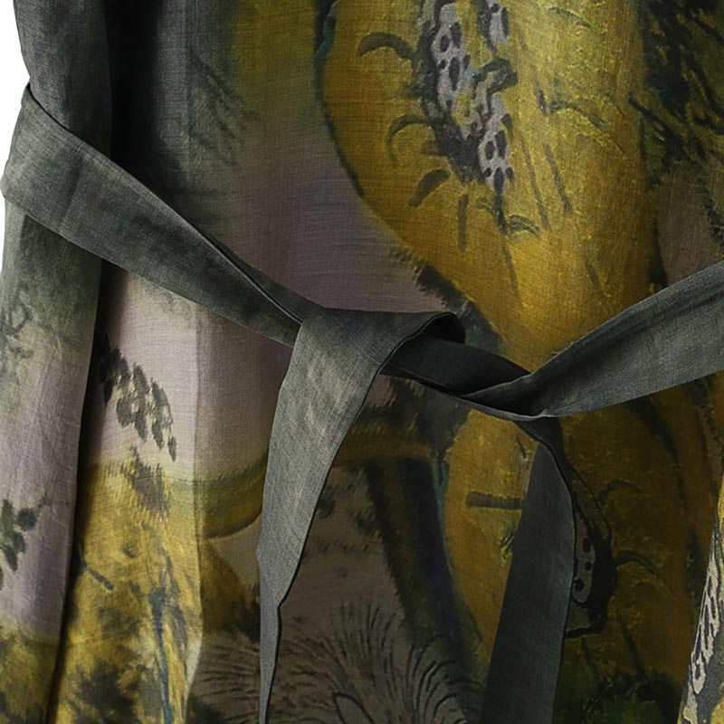 SS2378 Silk Cotton Placement Digital Printed mid Sleeve V neck Loose long Dress (3)