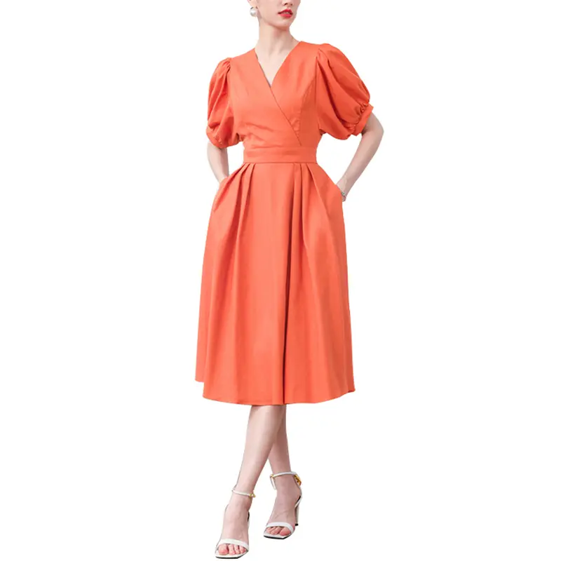 SS23100 Cotton/Linen Orange Wrap V neck Loose Short Sleeve Loose Mid Dress