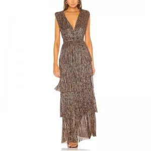 SS230718 Sliver Gold Multicolored Please mesh drop V neck Adjusted Neck tied Long dress