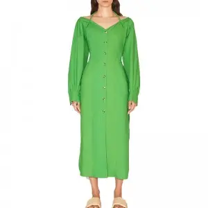 SS2330 Cotton Linen Tied Neck off Shoulder Long Sleeve Button Up Straight Long Dress
