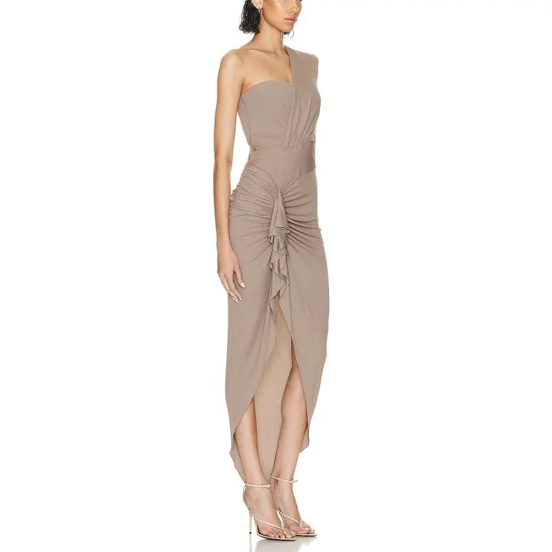 SS230702 Natural Lenzing Modal Single Shoulder Crinkled Frill Asymmetric Hem Long Dress