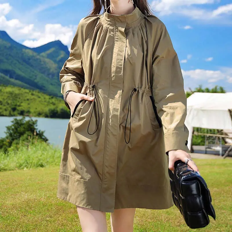 SS23101 Cotton Poplin Khaki Stand Neck Long Jacket Coat