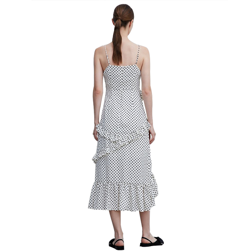 Cotton Dot Printed Suspender Slip Dress Shoulder off Frill Long Dress (2)