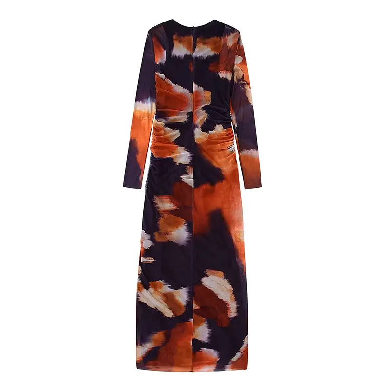 SS2396 Recycled Mesh Digital Printed long Sleeve Crinkled waist Long Dress