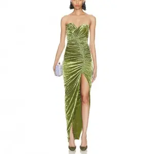SS230701Ruched velvet Tube High Split Shoulder off Long Dress