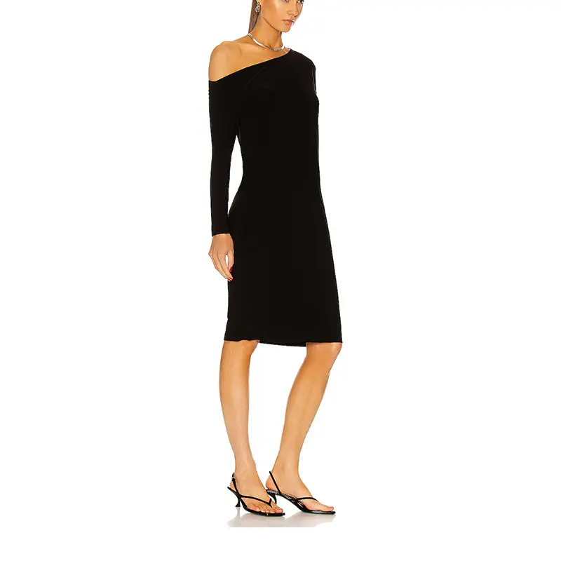 SS230733 Viscose Sand Black single sleeve long sleeve kintted midi dress