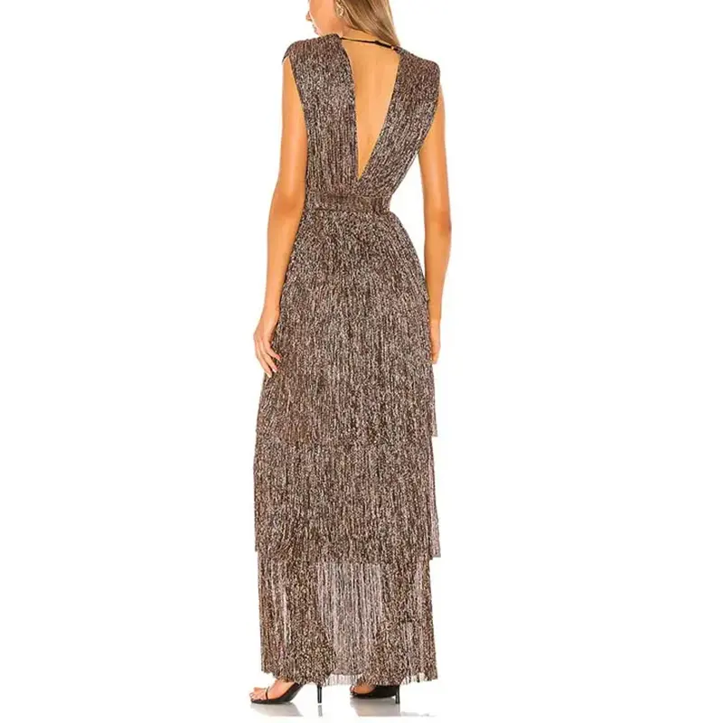 SS230718 Sliver Gold Multicolored Please mesh drop V neck Adjusted Neck tied Long dress