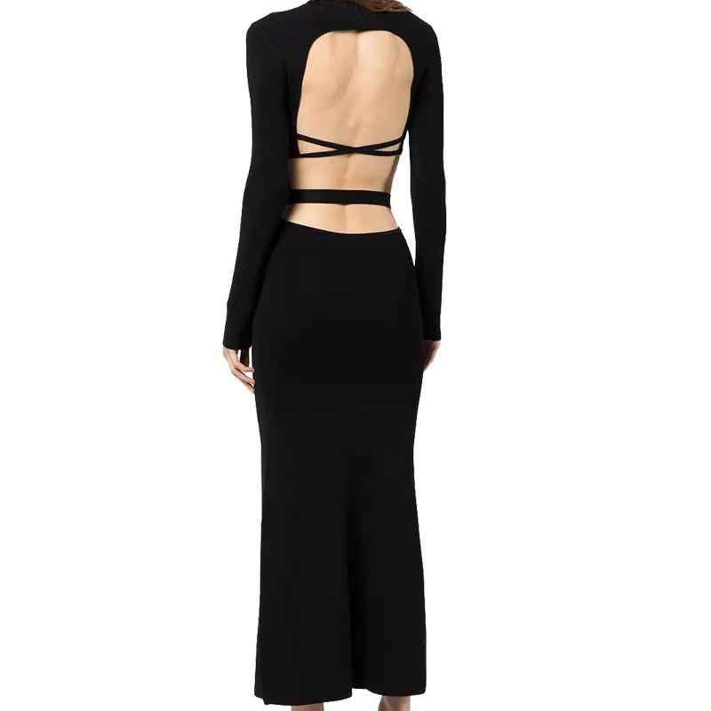 SS2320 Wool Blend tied Cut out Back Round Neck Waistband Kint long dress