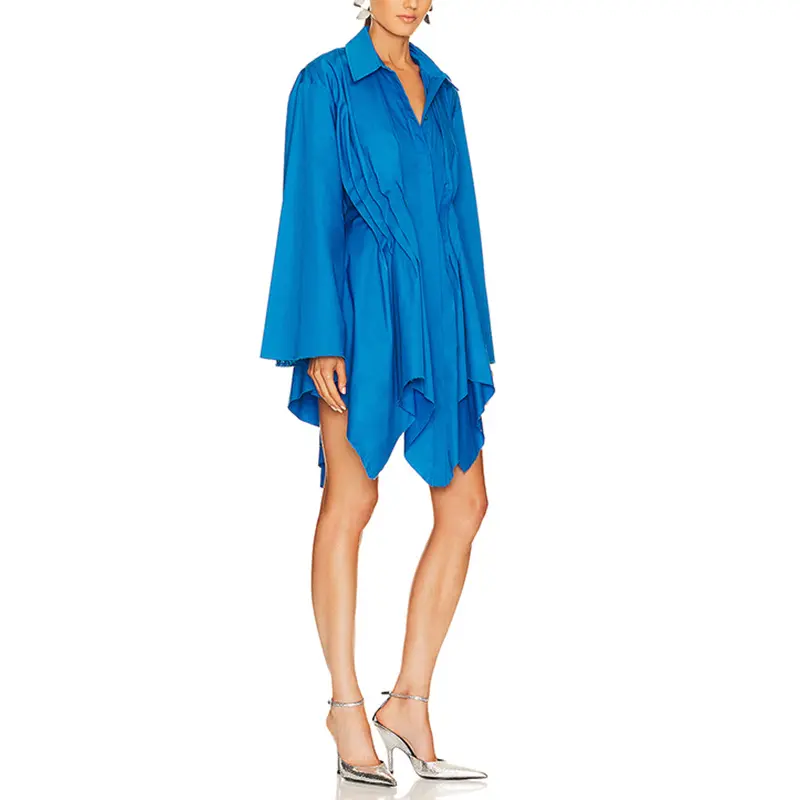 SS2383 Cotton Linen Plain Pleated Shirt Irregular Mini Loose Dress