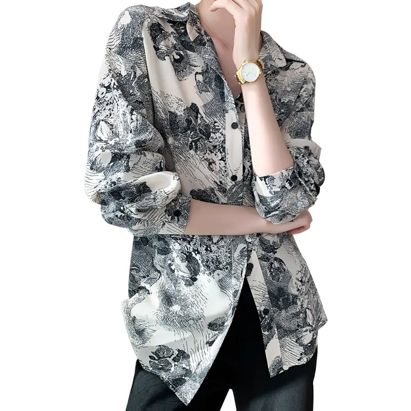 SS2304 Cotton ink digital print long sleeve womens blouse shirts