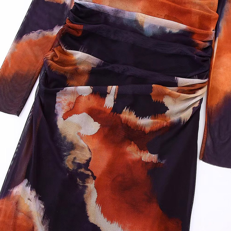 SS2396 Recycled Mesh Digital Printed long Sleeve Crinkled waist Long Dress