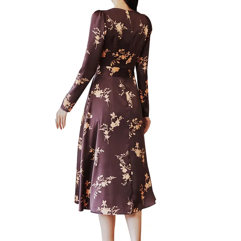 SS2350 Satin Silk Digital Printed Long Sleeve Mid Dress