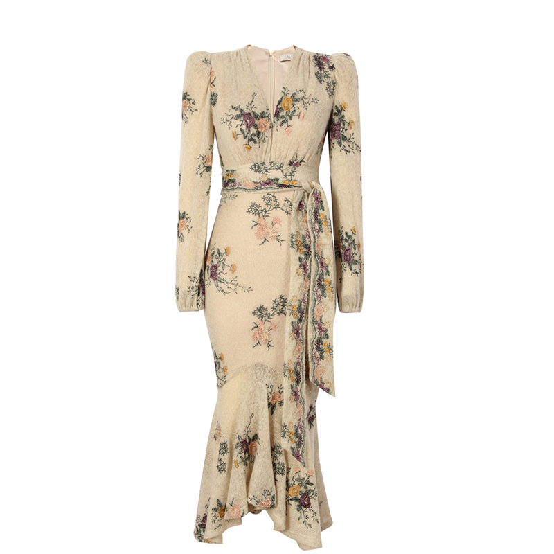 Cotton stretch weaved printing V neck puff sleeve asymmetry bodice dress (2)