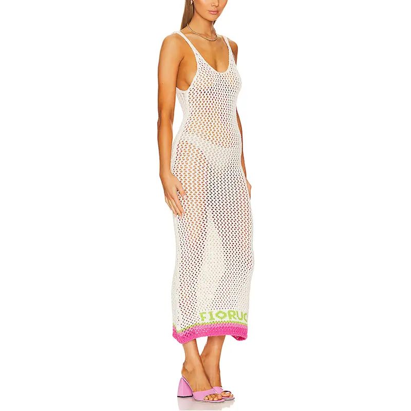 SS230724 Cotton Crochet Mesh V neck long dress