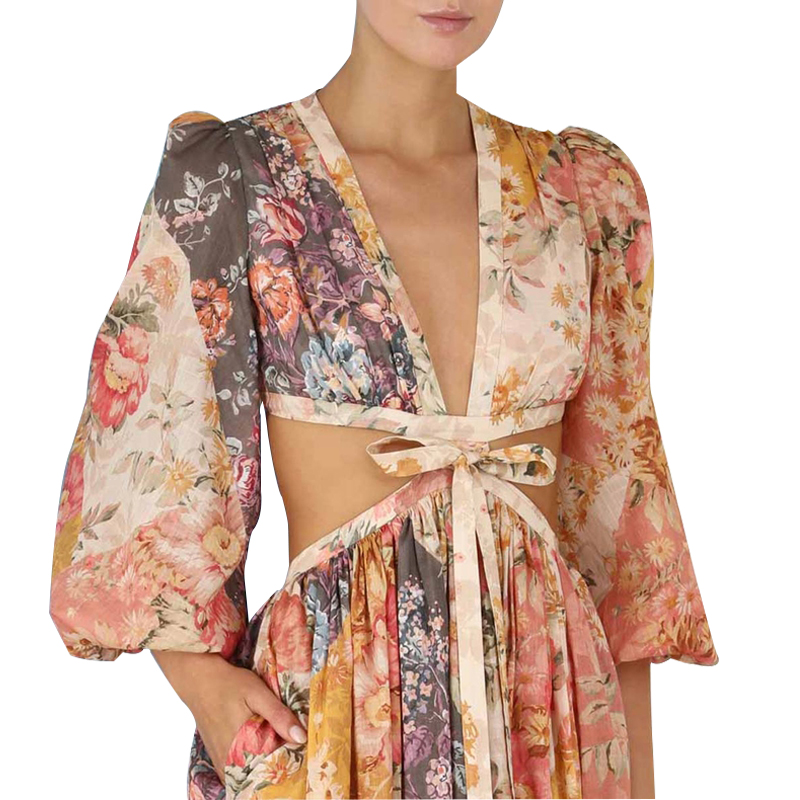 SS2366 Cotton Voile Digital Printed Mid Sleeve Cut Out V neck Tied Long Dress (4)