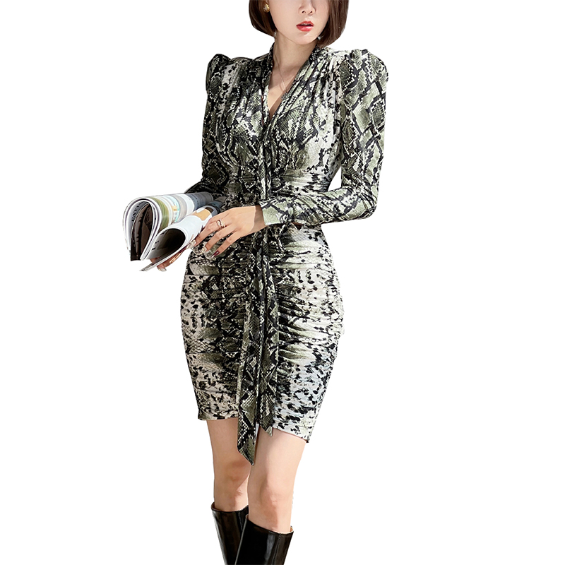 SS2315 Mesh Digital Leopard Printed Knight  Long Sleeve Tied Neck Mini Dress  (3)