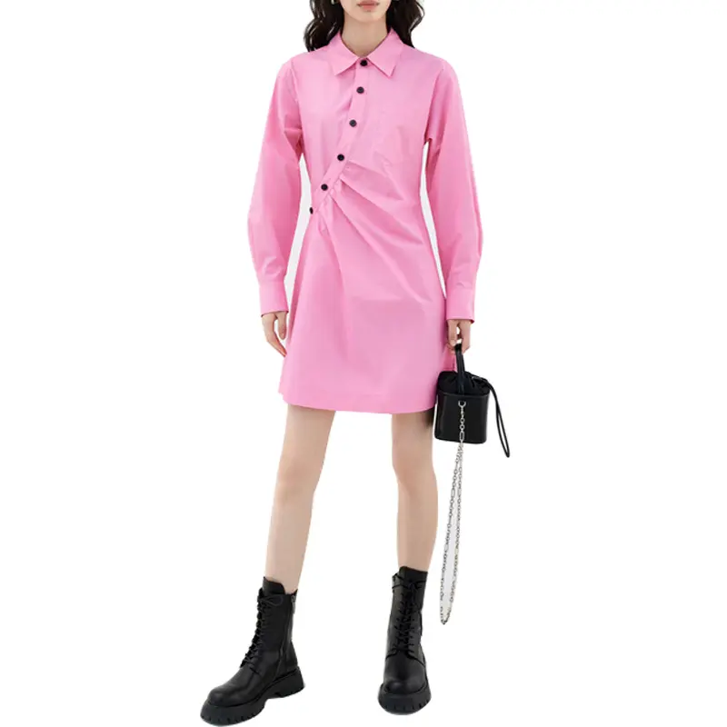 SS2342 Cotton Pink Crinkled Button Up Long womens blouse shirts (2)